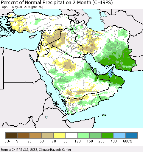 Middle East and Turkey Percent of Normal Precipitation 2-Month (CHIRPS) Thematic Map For 4/1/2024 - 5/31/2024