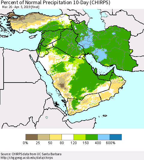 Middle East and Turkey Percent of Normal Precipitation 10-Day (CHIRPS) Thematic Map For 3/26/2019 - 4/5/2019