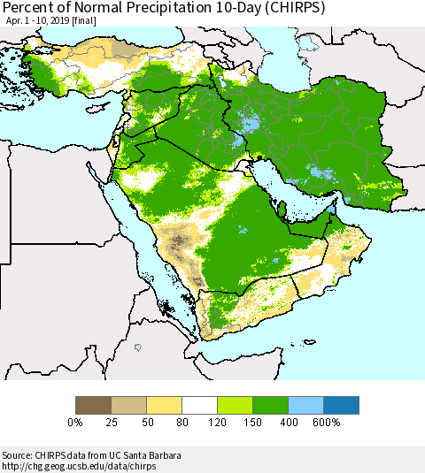 Middle East and Turkey Percent of Normal Precipitation 10-Day (CHIRPS) Thematic Map For 4/1/2019 - 4/10/2019