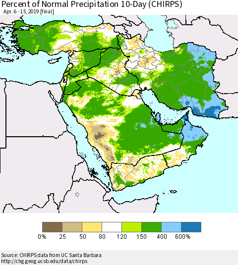 Middle East and Turkey Percent of Normal Precipitation 10-Day (CHIRPS) Thematic Map For 4/6/2019 - 4/15/2019