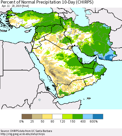 Middle East and Turkey Percent of Normal Precipitation 10-Day (CHIRPS) Thematic Map For 4/11/2019 - 4/20/2019