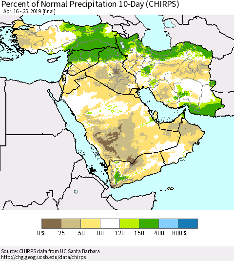 Middle East and Turkey Percent of Normal Precipitation 10-Day (CHIRPS) Thematic Map For 4/16/2019 - 4/25/2019