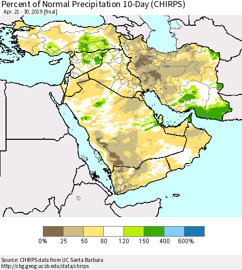 Middle East and Turkey Percent of Normal Precipitation 10-Day (CHIRPS) Thematic Map For 4/21/2019 - 4/30/2019