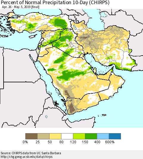 Middle East and Turkey Percent of Normal Precipitation 10-Day (CHIRPS) Thematic Map For 4/26/2019 - 5/5/2019