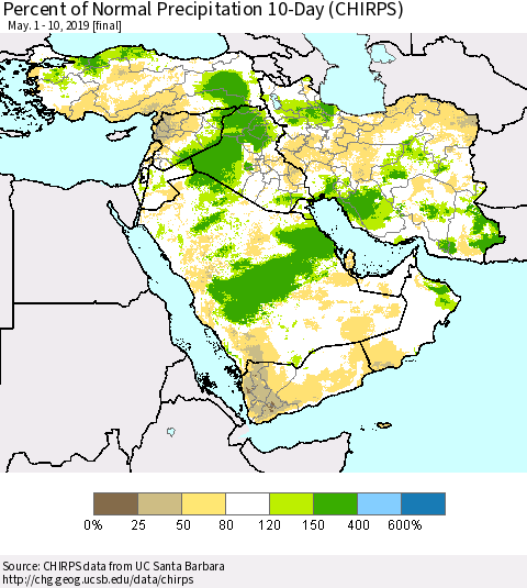 Middle East and Turkey Percent of Normal Precipitation 10-Day (CHIRPS) Thematic Map For 5/1/2019 - 5/10/2019
