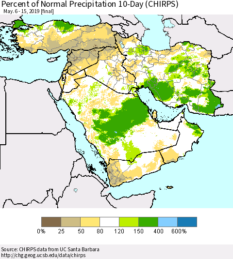 Middle East and Turkey Percent of Normal Precipitation 10-Day (CHIRPS) Thematic Map For 5/6/2019 - 5/15/2019