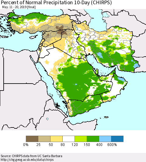Middle East and Turkey Percent of Normal Precipitation 10-Day (CHIRPS) Thematic Map For 5/11/2019 - 5/20/2019