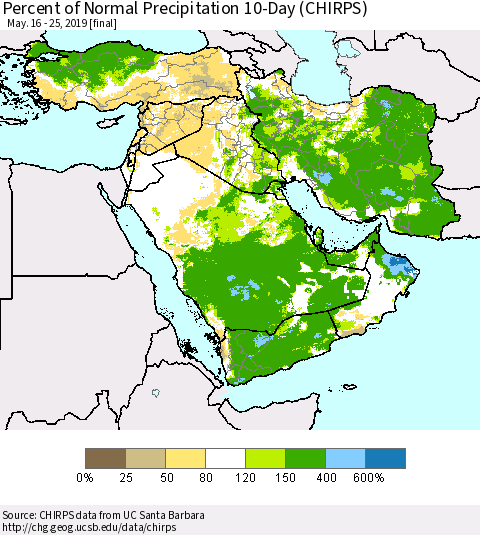 Middle East and Turkey Percent of Normal Precipitation 10-Day (CHIRPS) Thematic Map For 5/16/2019 - 5/25/2019
