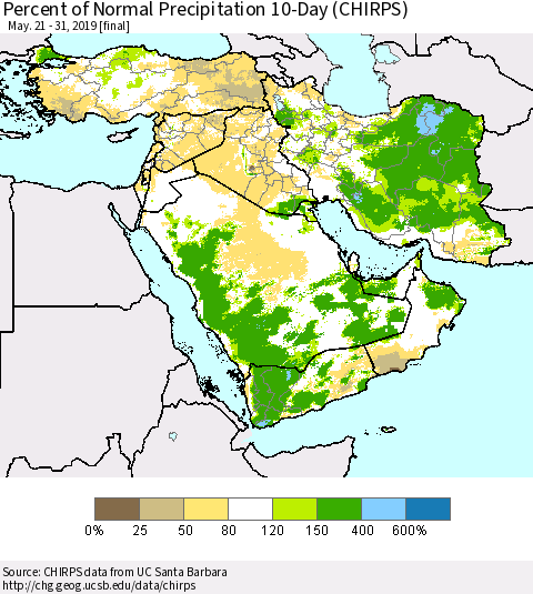 Middle East and Turkey Percent of Normal Precipitation 10-Day (CHIRPS) Thematic Map For 5/21/2019 - 5/31/2019