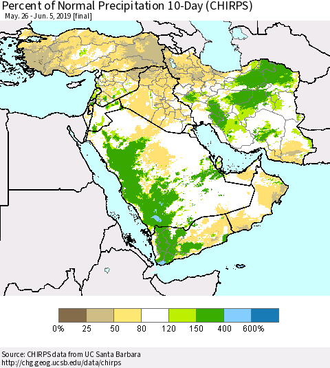 Middle East and Turkey Percent of Normal Precipitation 10-Day (CHIRPS) Thematic Map For 5/26/2019 - 6/5/2019
