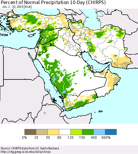 Middle East and Turkey Percent of Normal Precipitation 10-Day (CHIRPS) Thematic Map For 6/1/2019 - 6/10/2019