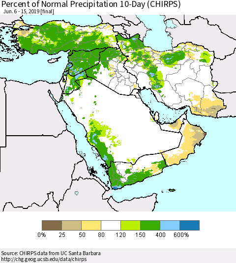 Middle East and Turkey Percent of Normal Precipitation 10-Day (CHIRPS) Thematic Map For 6/6/2019 - 6/15/2019