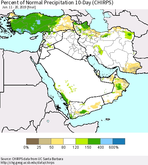 Middle East and Turkey Percent of Normal Precipitation 10-Day (CHIRPS) Thematic Map For 6/11/2019 - 6/20/2019
