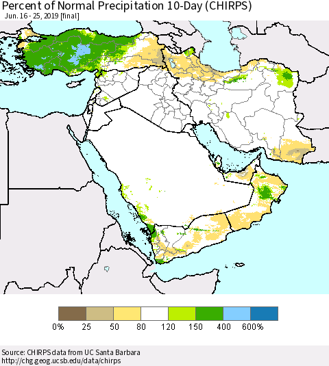 Middle East and Turkey Percent of Normal Precipitation 10-Day (CHIRPS) Thematic Map For 6/16/2019 - 6/25/2019