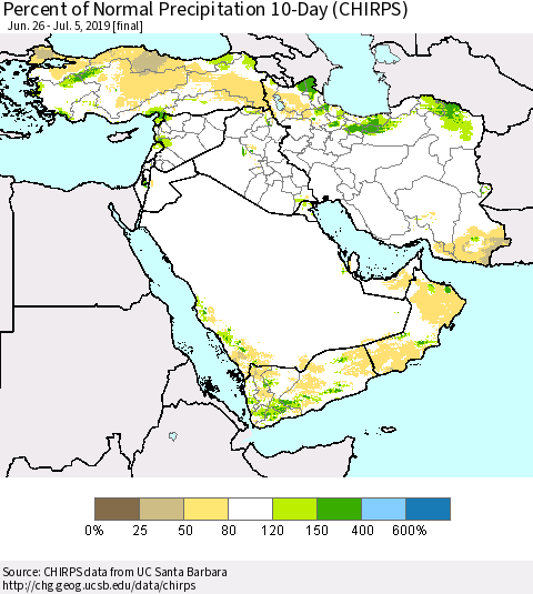 Middle East and Turkey Percent of Normal Precipitation 10-Day (CHIRPS) Thematic Map For 6/26/2019 - 7/5/2019
