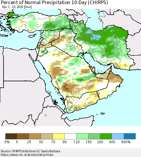Middle East and Turkey Percent of Normal Precipitation 10-Day (CHIRPS) Thematic Map For 4/1/2020 - 4/10/2020