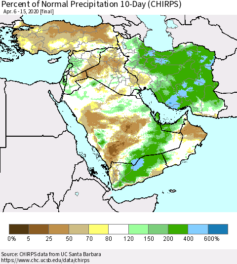 Middle East and Turkey Percent of Normal Precipitation 10-Day (CHIRPS) Thematic Map For 4/6/2020 - 4/15/2020
