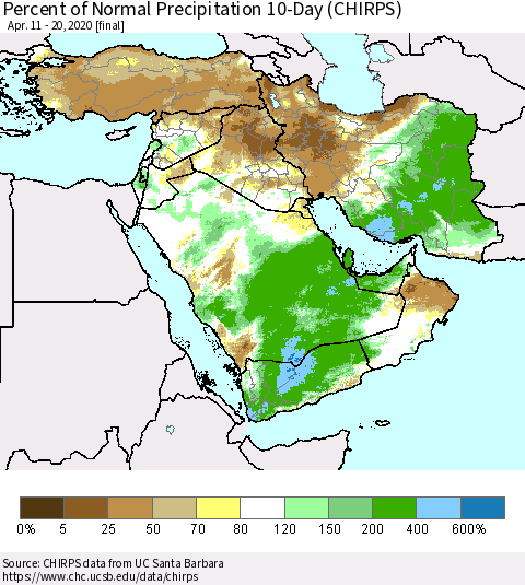 Middle East and Turkey Percent of Normal Precipitation 10-Day (CHIRPS) Thematic Map For 4/11/2020 - 4/20/2020
