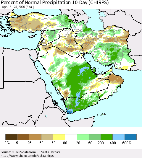 Middle East and Turkey Percent of Normal Precipitation 10-Day (CHIRPS) Thematic Map For 4/16/2020 - 4/25/2020
