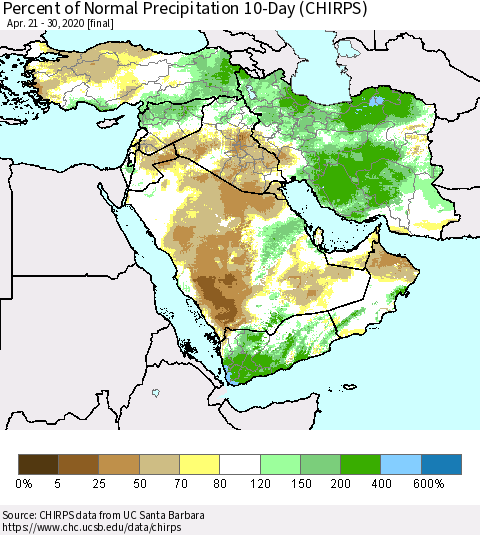 Middle East and Turkey Percent of Normal Precipitation 10-Day (CHIRPS) Thematic Map For 4/21/2020 - 4/30/2020