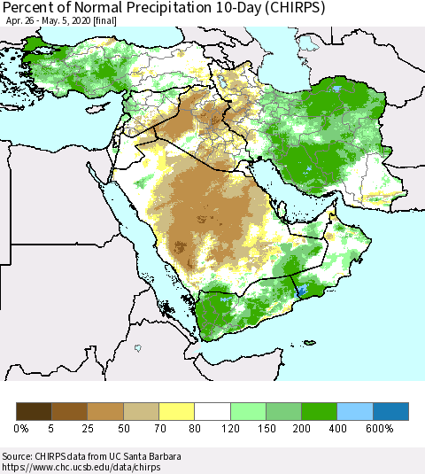 Middle East and Turkey Percent of Normal Precipitation 10-Day (CHIRPS) Thematic Map For 4/26/2020 - 5/5/2020