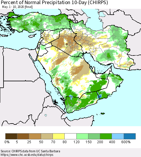 Middle East and Turkey Percent of Normal Precipitation 10-Day (CHIRPS) Thematic Map For 5/1/2020 - 5/10/2020