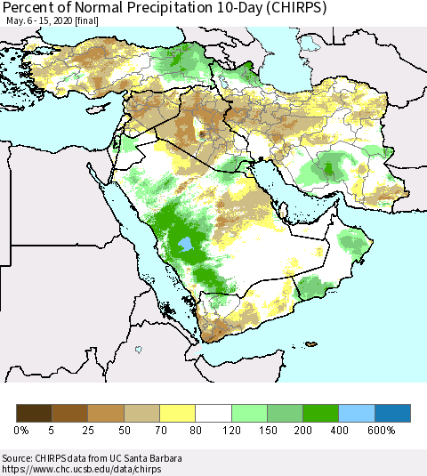 Middle East and Turkey Percent of Normal Precipitation 10-Day (CHIRPS) Thematic Map For 5/6/2020 - 5/15/2020
