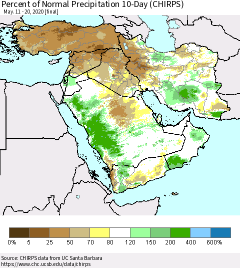 Middle East and Turkey Percent of Normal Precipitation 10-Day (CHIRPS) Thematic Map For 5/11/2020 - 5/20/2020