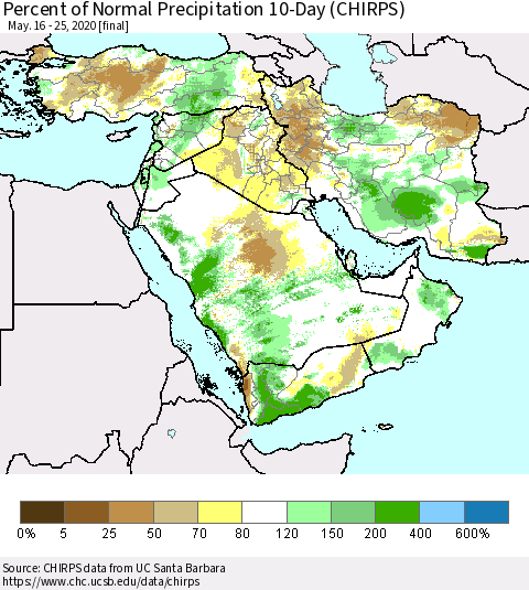 Middle East and Turkey Percent of Normal Precipitation 10-Day (CHIRPS) Thematic Map For 5/16/2020 - 5/25/2020