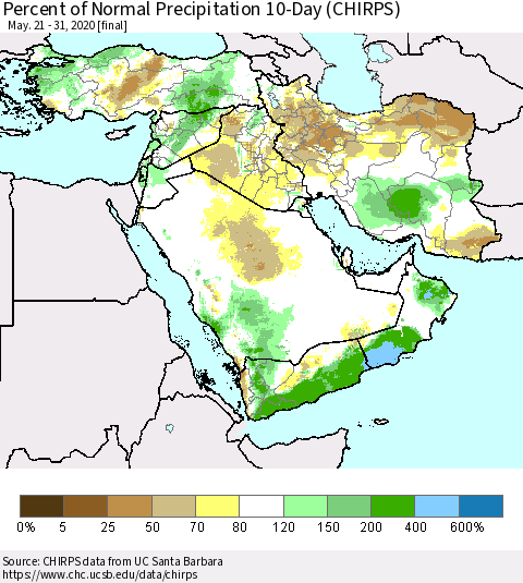 Middle East and Turkey Percent of Normal Precipitation 10-Day (CHIRPS) Thematic Map For 5/21/2020 - 5/31/2020