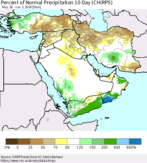 Middle East and Turkey Percent of Normal Precipitation 10-Day (CHIRPS) Thematic Map For 5/26/2020 - 6/5/2020