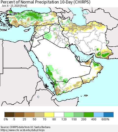 Middle East and Turkey Percent of Normal Precipitation 10-Day (CHIRPS) Thematic Map For 6/6/2020 - 6/15/2020