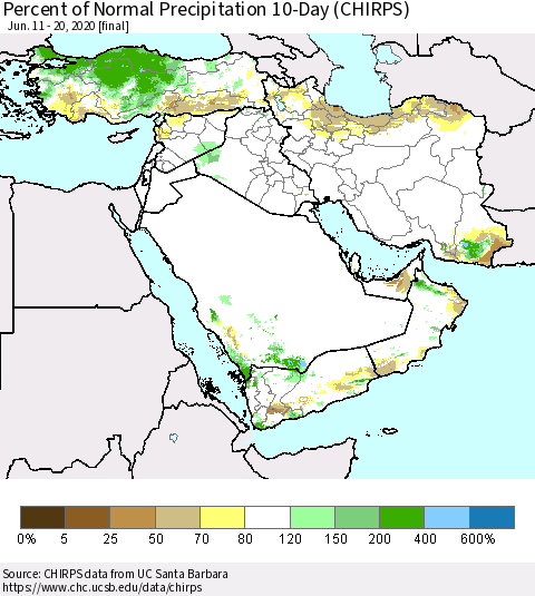 Middle East and Turkey Percent of Normal Precipitation 10-Day (CHIRPS) Thematic Map For 6/11/2020 - 6/20/2020