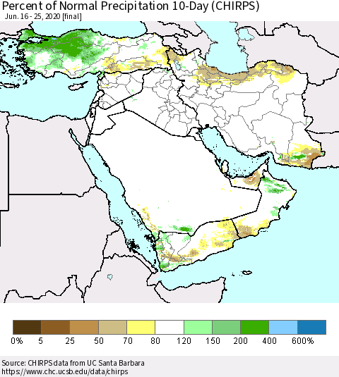Middle East and Turkey Percent of Normal Precipitation 10-Day (CHIRPS) Thematic Map For 6/16/2020 - 6/25/2020