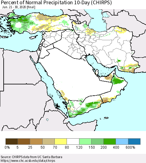 Middle East and Turkey Percent of Normal Precipitation 10-Day (CHIRPS) Thematic Map For 6/21/2020 - 6/30/2020