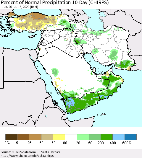 Middle East and Turkey Percent of Normal Precipitation 10-Day (CHIRPS) Thematic Map For 6/26/2020 - 7/5/2020