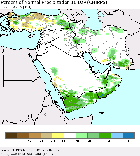 Middle East and Turkey Percent of Normal Precipitation 10-Day (CHIRPS) Thematic Map For 7/1/2020 - 7/10/2020