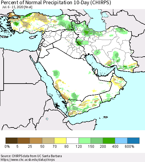 Middle East and Turkey Percent of Normal Precipitation 10-Day (CHIRPS) Thematic Map For 7/6/2020 - 7/15/2020