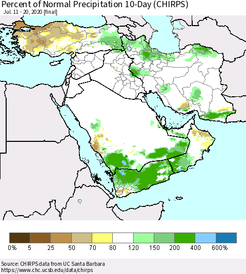 Middle East and Turkey Percent of Normal Precipitation 10-Day (CHIRPS) Thematic Map For 7/11/2020 - 7/20/2020