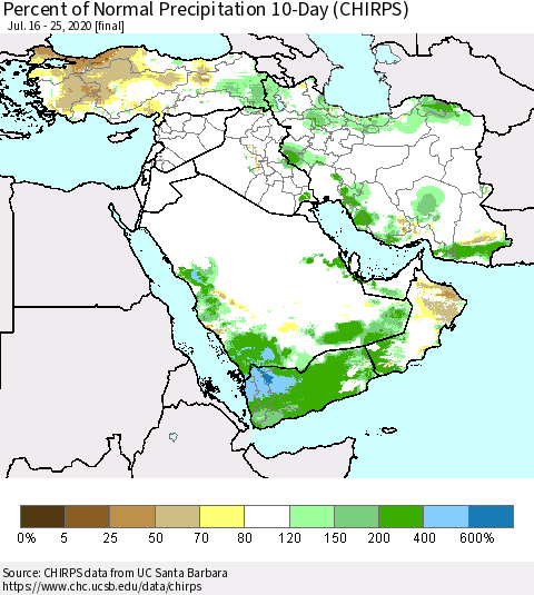 Middle East and Turkey Percent of Normal Precipitation 10-Day (CHIRPS) Thematic Map For 7/16/2020 - 7/25/2020