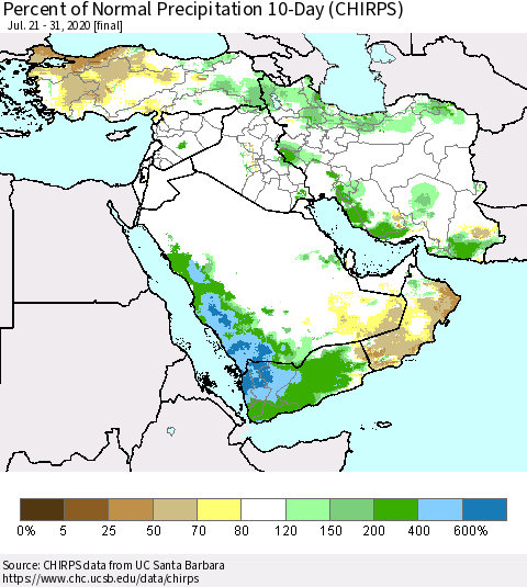 Middle East and Turkey Percent of Normal Precipitation 10-Day (CHIRPS) Thematic Map For 7/21/2020 - 7/31/2020