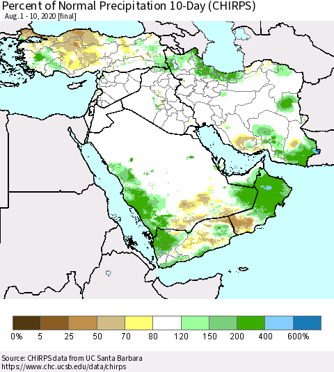 Middle East and Turkey Percent of Normal Precipitation 10-Day (CHIRPS) Thematic Map For 8/1/2020 - 8/10/2020