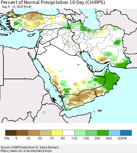 Middle East and Turkey Percent of Normal Precipitation 10-Day (CHIRPS) Thematic Map For 8/6/2020 - 8/15/2020