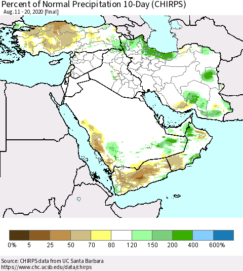 Middle East and Turkey Percent of Normal Precipitation 10-Day (CHIRPS) Thematic Map For 8/11/2020 - 8/20/2020