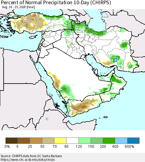 Middle East and Turkey Percent of Normal Precipitation 10-Day (CHIRPS) Thematic Map For 8/16/2020 - 8/25/2020
