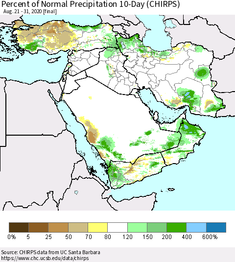 Middle East and Turkey Percent of Normal Precipitation 10-Day (CHIRPS) Thematic Map For 8/21/2020 - 8/31/2020