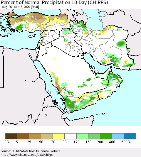 Middle East and Turkey Percent of Normal Precipitation 10-Day (CHIRPS) Thematic Map For 8/26/2020 - 9/5/2020