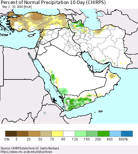Middle East and Turkey Percent of Normal Precipitation 10-Day (CHIRPS) Thematic Map For 9/1/2020 - 9/10/2020