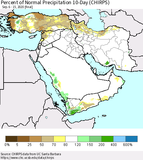 Middle East and Turkey Percent of Normal Precipitation 10-Day (CHIRPS) Thematic Map For 9/6/2020 - 9/15/2020