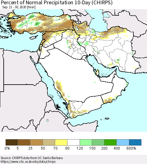 Middle East and Turkey Percent of Normal Precipitation 10-Day (CHIRPS) Thematic Map For 9/21/2020 - 9/30/2020